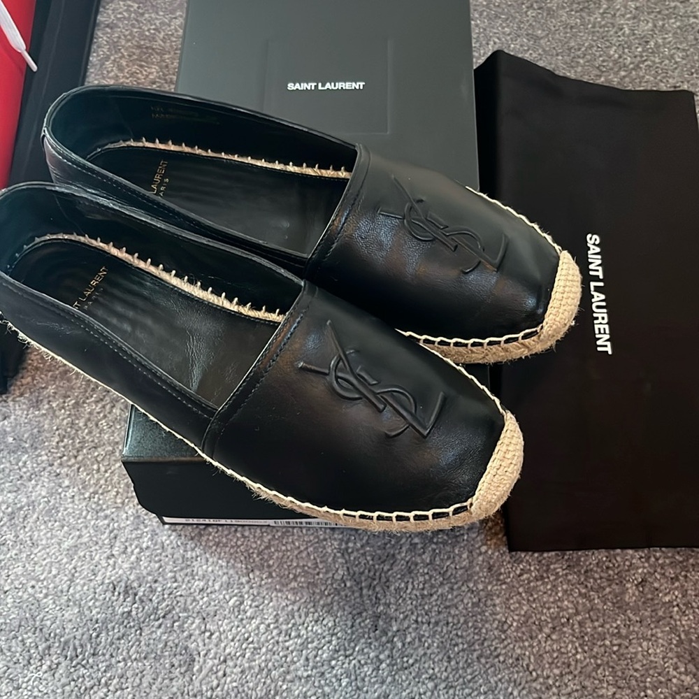 Saint Laurent monogram YSL leather espadrille in black size 7.5